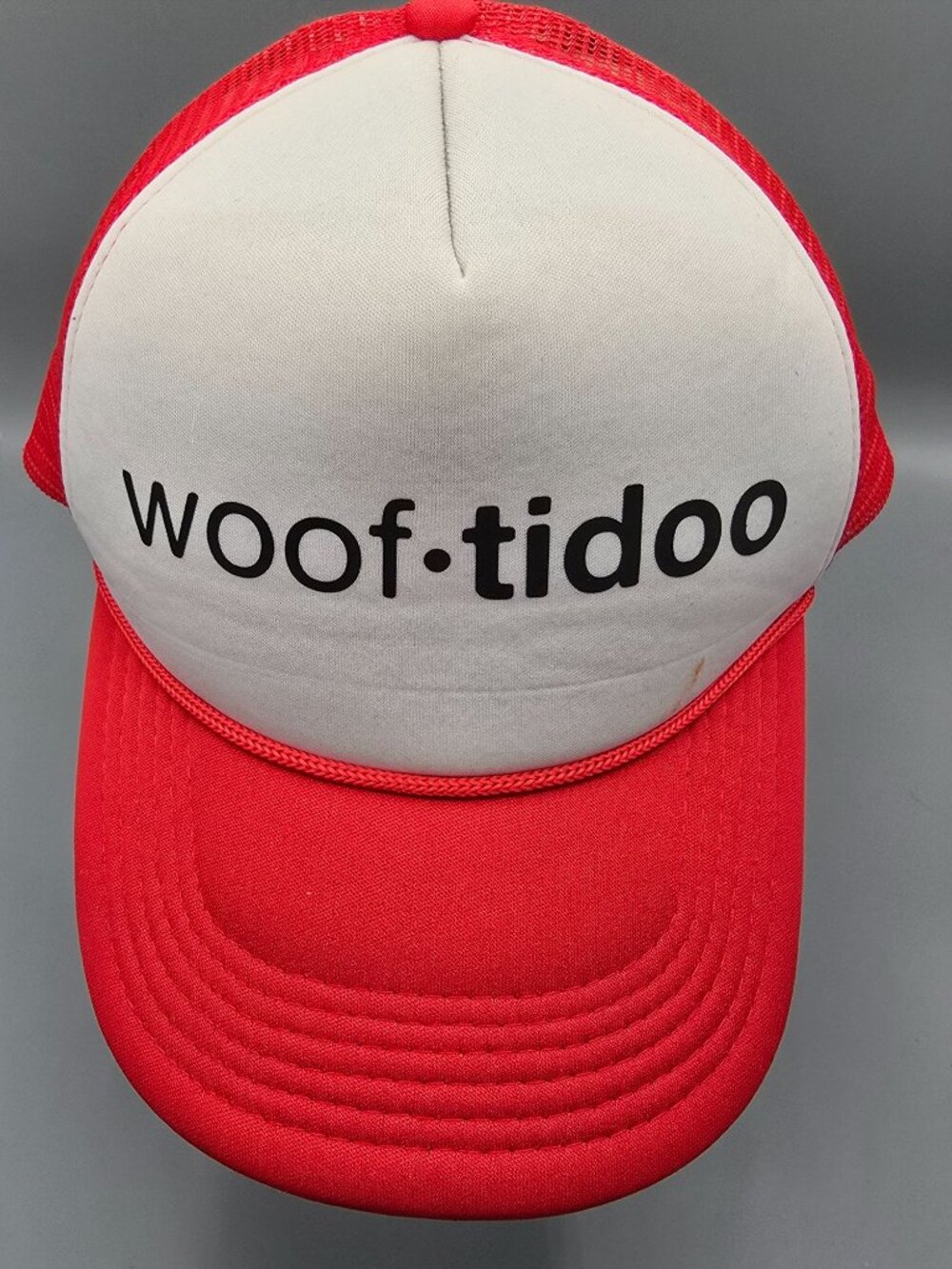 Woof Tidoo Red & White Mesh Back Adjustable Snapback Trucker Hat *Stain